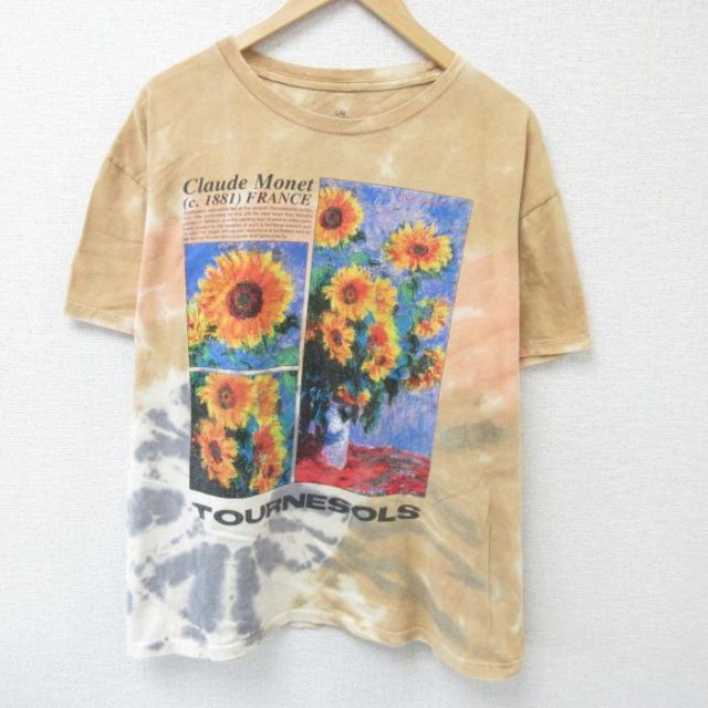 XL★古着 半袖 Tシャツ メンズ アート クロードモネ ひまわり 大きいサイズ コットン クルーネック 薄茶他 ブラウン タイダイ 25may16 中古
