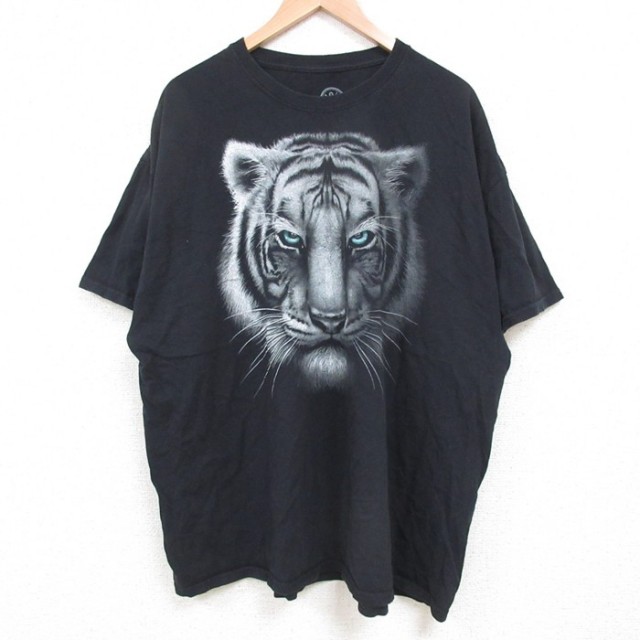 XL★古着 半袖 Tシャツ メンズ トラ 大きいサイズ コットン クルーネック 黒 ブラック 25may19 中古