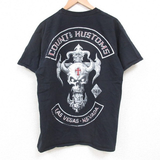 L★古着 半袖 Tシャツ メンズ スカル コットン クルーネック 黒 ブラック 25may19 中古