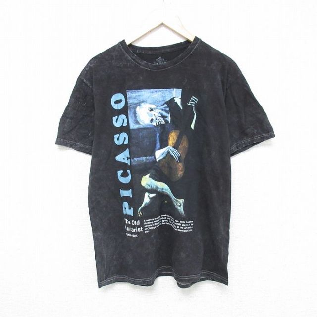 L★古着 半袖 Tシャツ メンズ ピカソ アート コットン クルーネック 黒他 ブラック ブリーチ加工 【spe】 25may21 中古