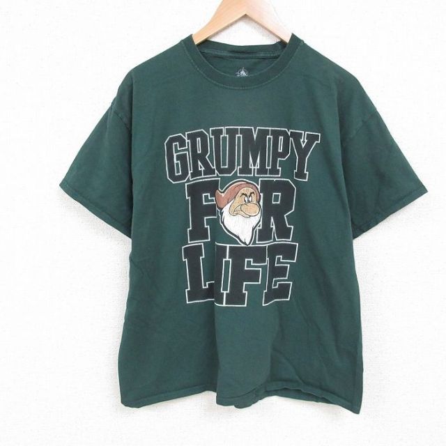 XL★古着 半袖 Tシャツ メンズ ディズニー DISNEY しらゆきひめ 7人の小人 七人のこびと コットン クルーネック 緑 グリーン 25may22 中古