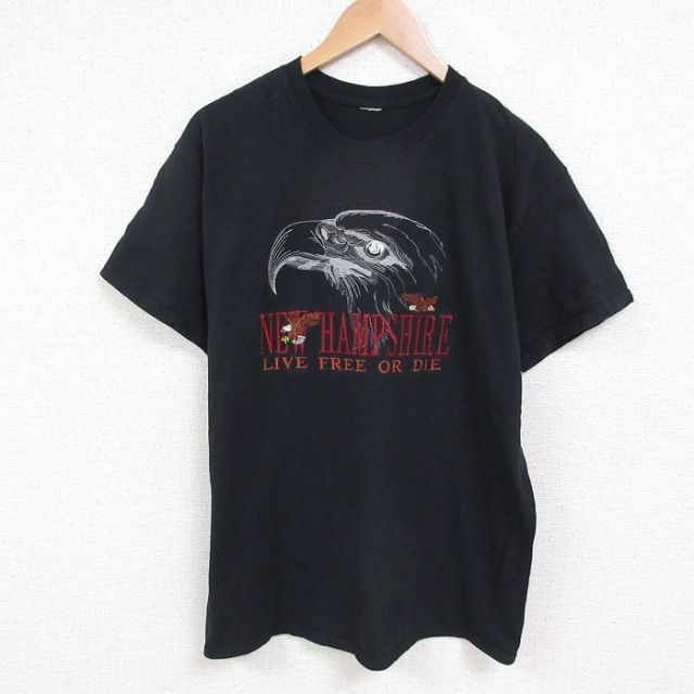 L★古着 半袖 Tシャツ メンズ 鳥 ニューハンプシャー 刺繍 クルーネック 黒 ブラック 25may22 中古