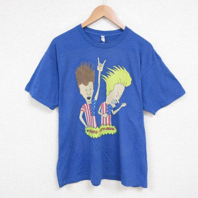 XL★古着 半袖 Tシャツ メンズ ビーバスバッドヘッド クルーネック 青 ブルー 霜降り 25may22 中古