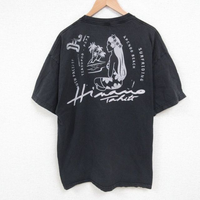 XL★古着 半袖 Tシャツ メンズ 女性 ヒナノタヒチ 大きいサイズ クルーネック 黒 ブラック 25may22 中古