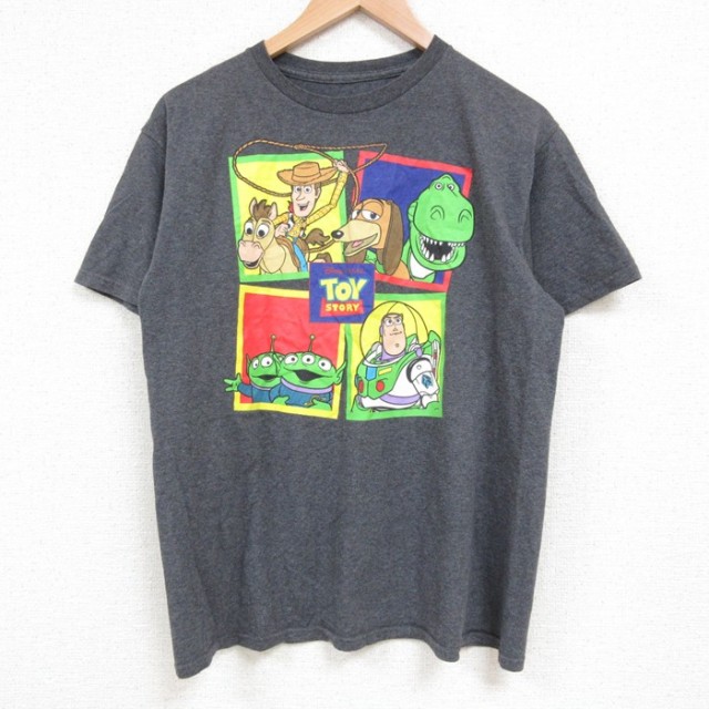 L★古着 半袖 Tシャツ メンズ ディズニー DISNEY トイストーリー バズライトイヤー ウッディ クルーネック 濃グレー 霜降り 25may22 中古