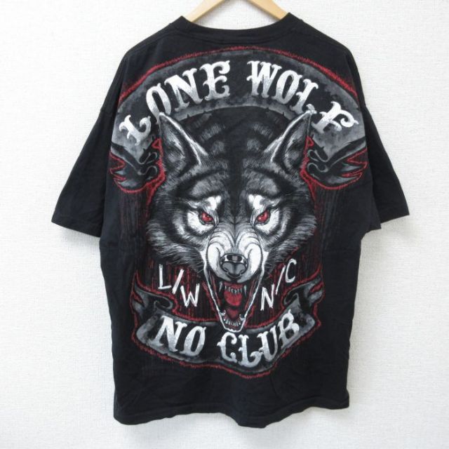 【50%OFF】XL★古着 半袖 Tシャツ メンズ ウルフ 大きいサイズ コットン クルーネック 黒 ブラック 25may23 中古