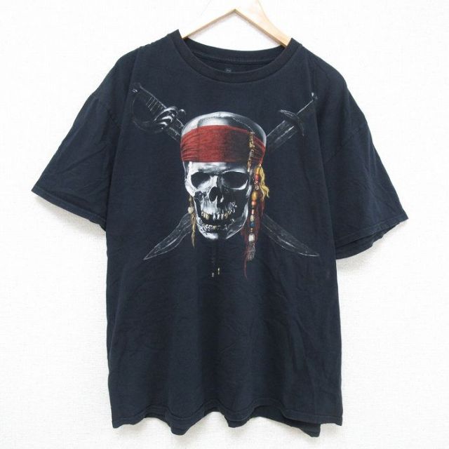 XL★古着 半袖 Tシャツ メンズ ディズニー DISNEY パイレーツオブカリビアン 大きいサイズ コットン クルーネック 黒 ブラック 25may23 中古