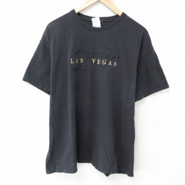 XL★古着 半袖 Tシャツ メンズ ラスベガス 刺繍 コットン クルーネック 黒 ブラック 25may23 中古