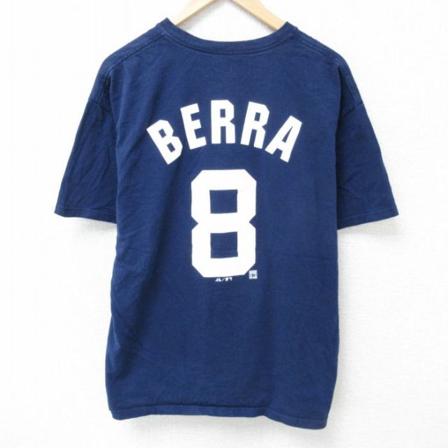 XL★古着 マジェスティック 半袖 Tシャツ メンズ MLB ニューヨークヤンキース ヨギバラ 8 コットン クルーネック 紺 ネイビー メジャーリーグ ベースボール 野球 25may24 中古