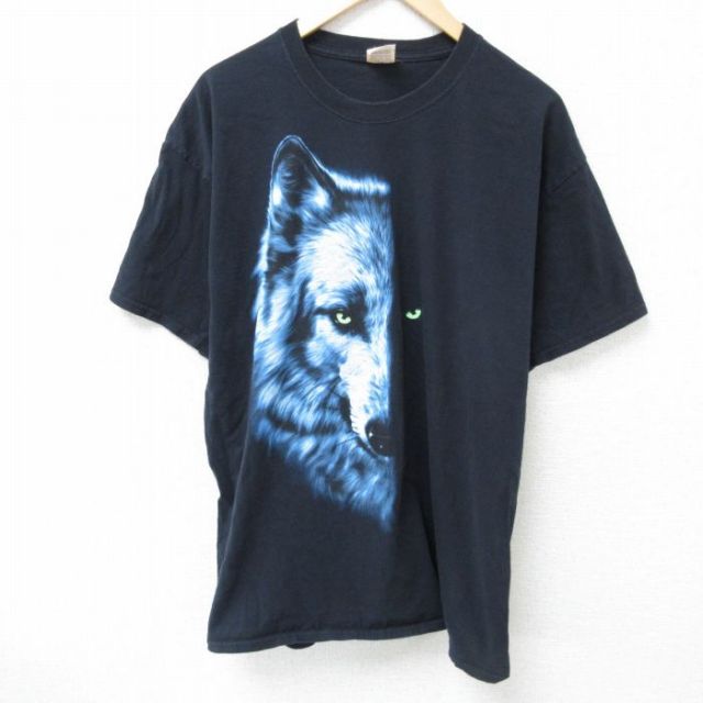 XL★古着 フルーツオブザルーム 半袖 Tシャツ メンズ オオカミ コットン クルーネック 黒 ブラック 25may24 中古