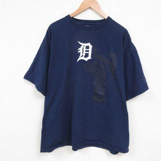XL★古着 半袖 Tシャツ メンズ MLB デトロイトタイガース 大きいサイズ コットン クルーネック 紺 ネイビー メジャーリーグ ベースボール 野球 25jun05 中古