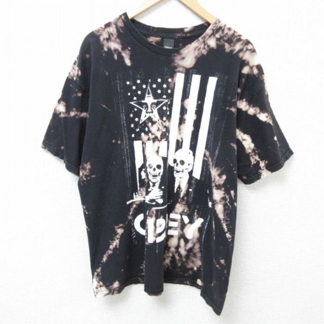 XL★古着 オベイ OBEY 半袖 Tシャツ メンズ ビッグロゴ スケルトン コットン クルーネック 黒他 ブラック ブリーチ加工 25may24 中古