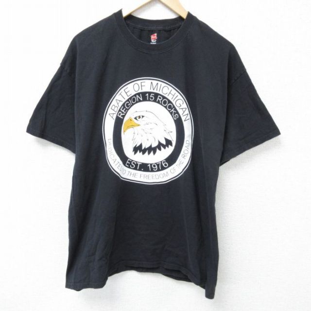 【50%OFF】XL★古着 ヘインズ Hanes 半袖 Tシャツ メンズ ABATE ミシガン コットン クルーネック 黒 ブラック 25may24 中古