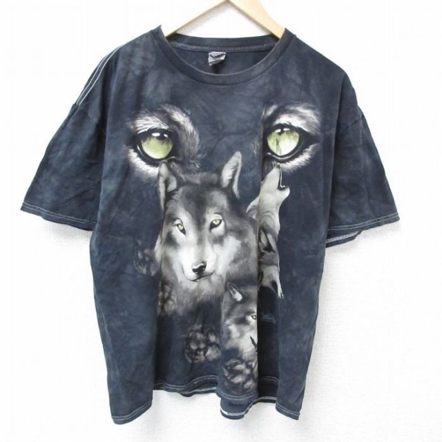 XL★古着 半袖 Tシャツ メンズ オオカミ 大きいサイズ コットン クルーネック 黒他 ブラック タイダイ 25may24 中古