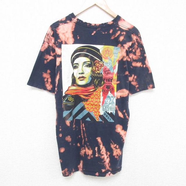 XL★古着 オベイ OBEY 半袖 Tシャツ メンズ 女性 大きいサイズ コットン クルーネック 黒他 ブラック ブリーチ加工 25may24 中古