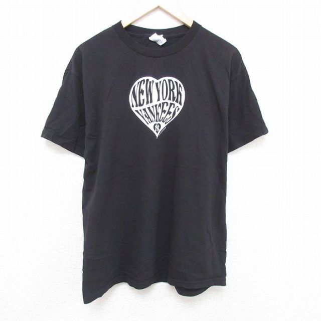XL★古着 半袖 Tシャツ メンズ MLB ニューヨークヤンキース 大きいサイズ コットン クルーネック 黒 ブラック メジャーリーグ ベースボール 野球 25may24 中古