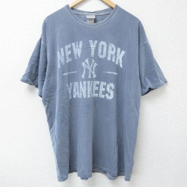 XL★古着 半袖 Tシャツ メンズ MLB ニューヨークヤンキース 大きいサイズ コットン クルーネック 薄紺 ネイビー メジャーリーグ ベースボール 野球 25may26 中古