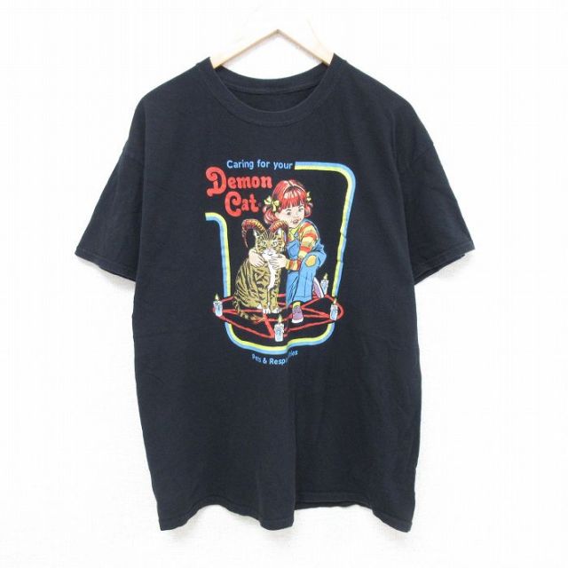 XL★古着 半袖 Tシャツ メンズ デーモンキャット クルーネック 黒 ブラック 25may27 中古