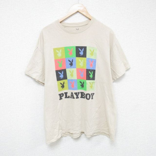 XL★古着 プレイボーイ PLAY BOY 半袖 Tシャツ メンズ ビッグロゴ コットン クルーネック ベージュ カーキ 25may27 中古