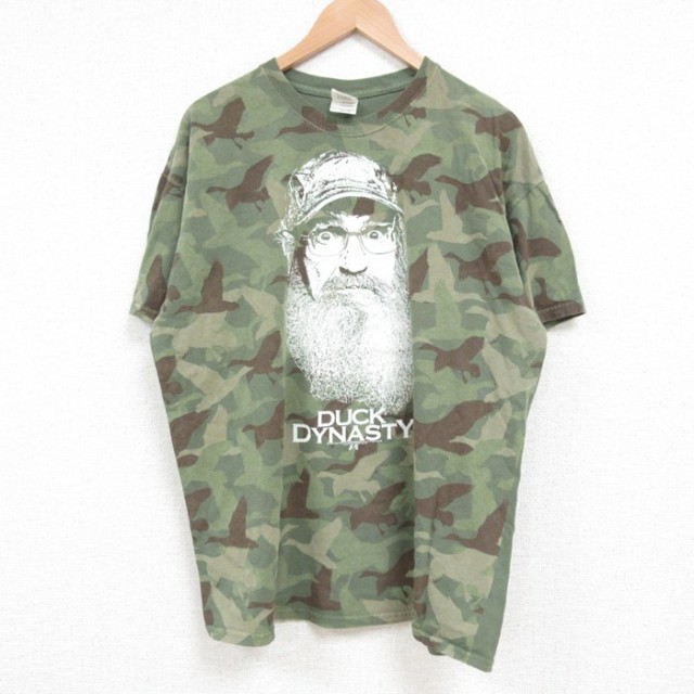XL★古着 半袖 Tシャツ メンズ ダックダイナスティ コットン クルーネック 薄緑 グリーン 迷彩 25jun06 中古