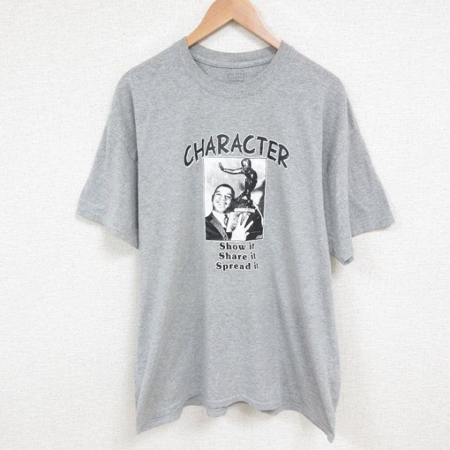 XL★古着 半袖 Tシャツ メンズ CHARACTER 大きいサイズ クルーネック グレー 霜降り 25jun07 中古