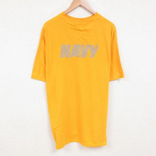 【50%OFF】XL★古着 半袖 Tシャツ メンズ ミリタリー ネイビー NAVY リフレクター 大きいサイズ ロング丈 コットン クルーネック USA製 濃黄 イエロー 25jun07 中古