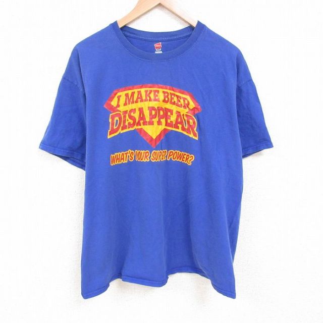 【50%OFF】XL★古着 ヘインズ Hanes 半袖 Tシャツ メンズ ビール 大きいサイズ コットン クルーネック 青 ブルー 25jun07 中古