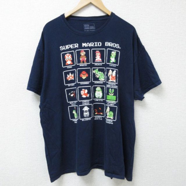XL★古着 半袖 Tシャツ メンズ ゲーム ニンテンドー スーパーマリオブラザーズ 大きいサイズ コットン クルーネック 紺 ネイビー 【spe】 25jun09 中古
