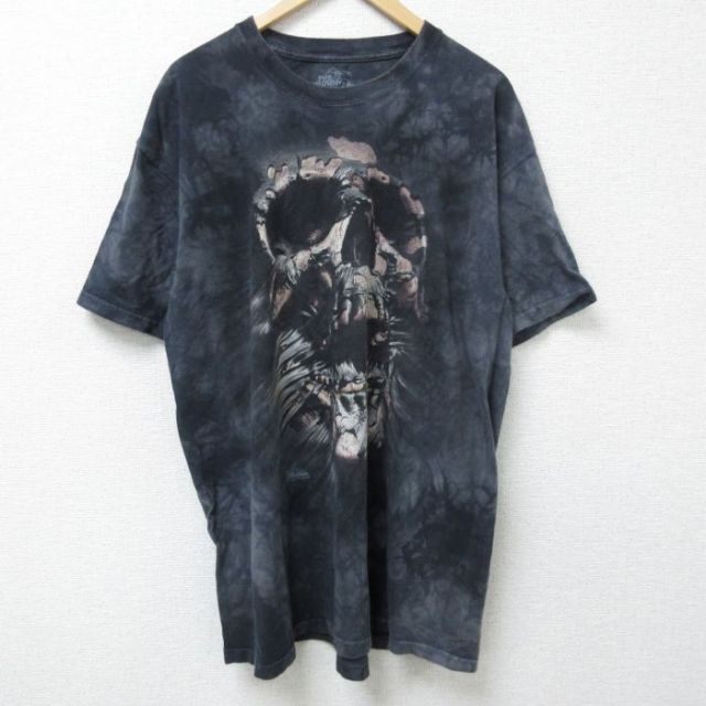 XL★古着 半袖 Tシャツ メンズ スカル 大きいサイズ コットン クルーネック 黒他 ブラック タイダイ 25jun09 中古
