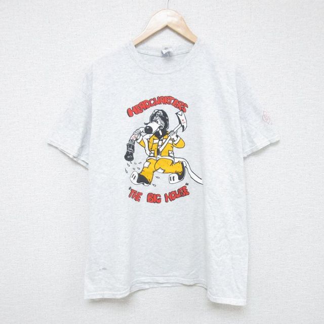 XL★古着 半袖 Tシャツ メンズ 消防士 クルーネック 薄グレー 霜降り 25jun09 中古