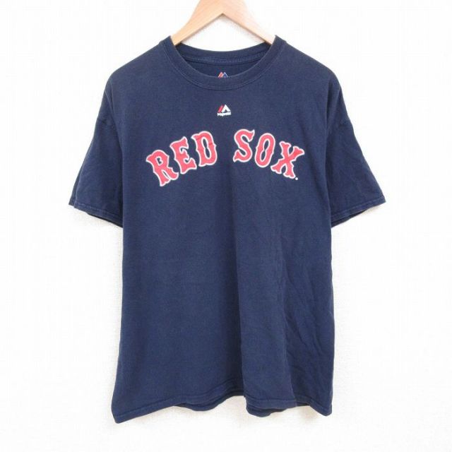 XL★古着 マジェスティック 半袖 Tシャツ メンズ MLB ボストンレッドソックス デビッドオルティーズ 34 大きいサイズ クルーネック 紺 ネイビー メジャーリーグ ベースボール 野球 25jun09 中古