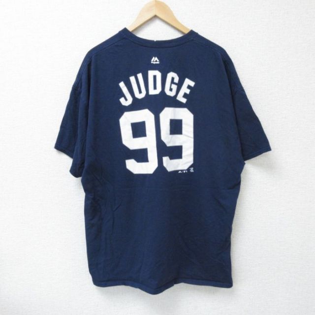 XL★古着 マジェスティック 半袖 Tシャツ メンズ MLB ニューヨークヤンキース アーロンジャッジ 99 大きいサイズ コットン クルーネック 紺 ネイビー メジャーリーグ ベースボール 野球 25jun09 中古