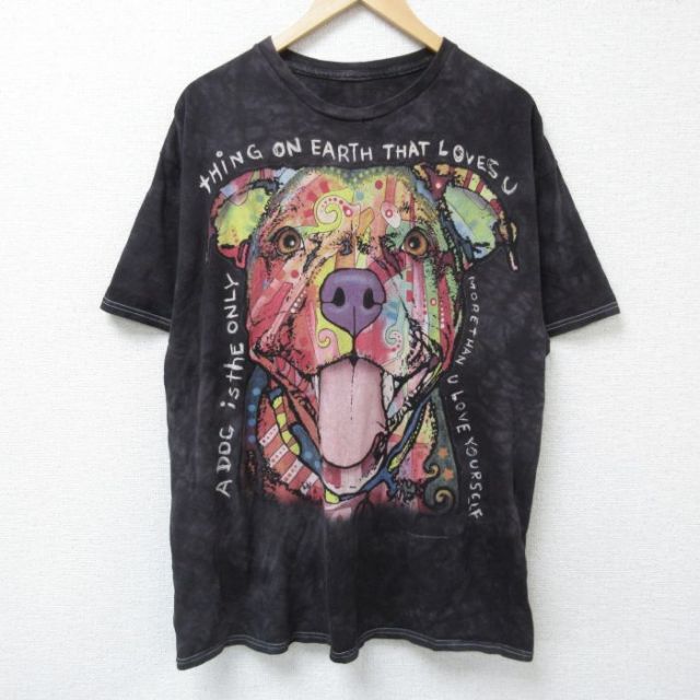 XL★古着 半袖 Tシャツ メンズ ディーンルッソ 犬 大きいサイズ コットン クルーネック 黒他 ブラック タイダイ 25jun09 中古