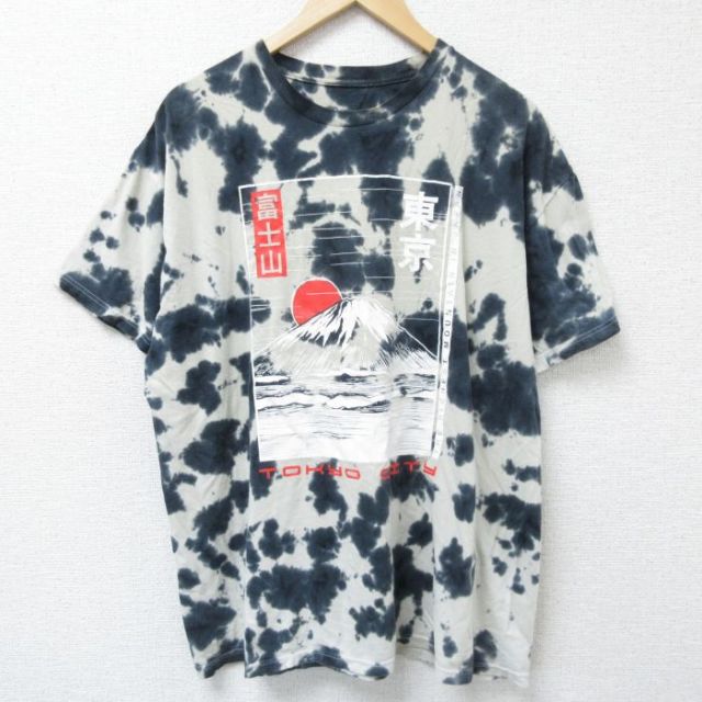 XL★古着 半袖 Tシャツ メンズ 富士山 コットン クルーネック 黒他 ブラック タイダイ 25jun09 中古