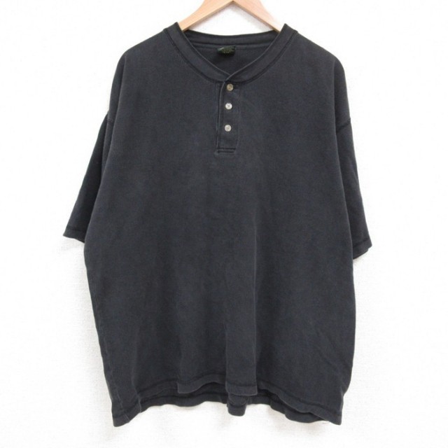 XL★古着 半袖 Tシャツ メンズ 無地 大きいサイズ コットン ヘンリーネック 黒 ブラック 25jun14 中古