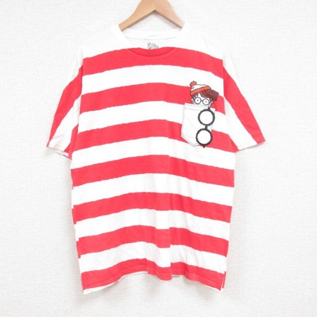 L★古着 半袖 Tシャツ メンズ ウォーリーをさがせ コットン クルーネック 白他 ホワイト ボーダー 25jun14 中古