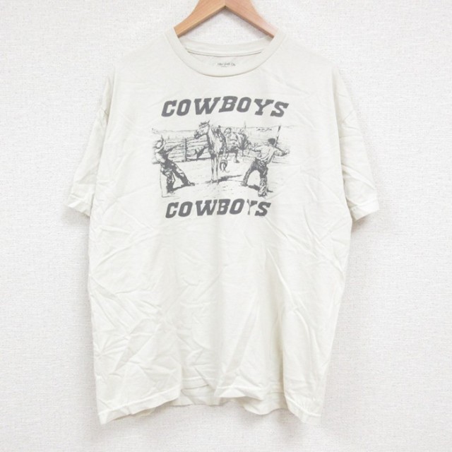 XL★古着 半袖 Tシャツ メンズ カウボーイ クルーネック 薄ベージュ カーキ 25jun14 中古