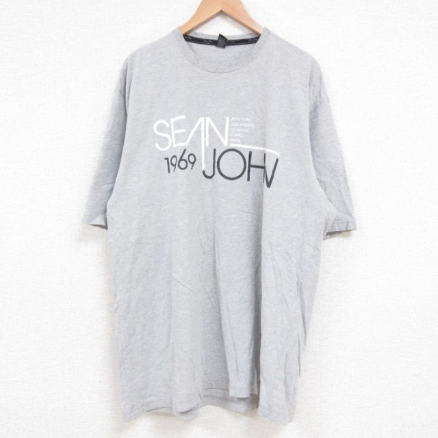 XL★古着 ショーンジョン 半袖 Tシャツ メンズ ビッグロゴ 大きいサイズ ロング丈 クルーネック グレー 霜降り 25jun14 中古