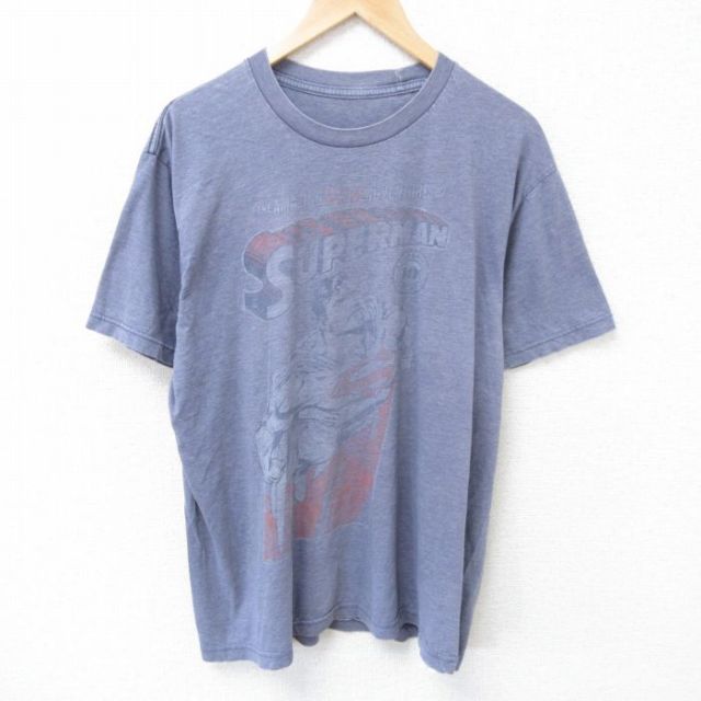 XL★古着 半袖 Tシャツ メンズ スーパーマン クルーネック 濃グレー 霜降り 25jun11 中古