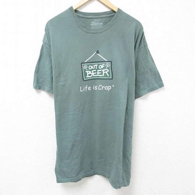 【50%OFF】XL★古着 半袖 Tシャツ メンズ ビール 大きいサイズ ロング丈 コットン クルーネック 緑 グリーン 25jun11 中古