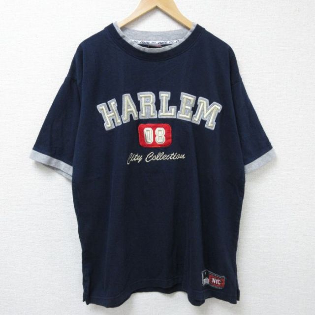 XL★古着 半袖 Tシャツ メンズ HARLEM 大きいサイズ コットン クルーネック 紺 ネイビー 【spe】 25jun12 中古