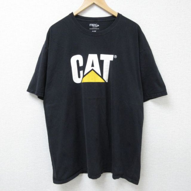 【50%OFF】XL★古着 半袖 Tシャツ メンズ CAT 大きいサイズ コットン クルーネック 黒 ブラック 25jun12 中古