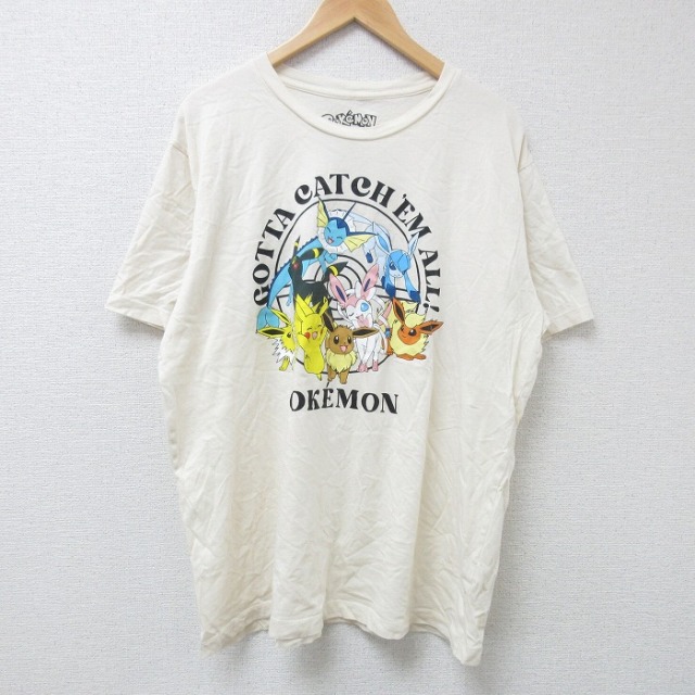 XL★古着 半袖 Tシャツ メンズ ゲーム ニンテンドー ポケットモンスター ポケモン ピカチュー 大きいサイズ コットン クルーネック 薄ベージュ カーキ 【spe】 25jun16 中古