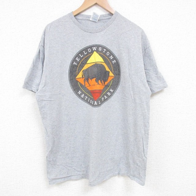 【50%OFF】XL★古着 半袖 Tシャツ メンズ イエローストーン国立公園 クルーネック グレー 霜降り 25jun18 中古
