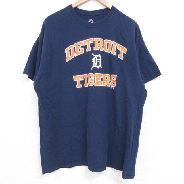 XL★古着 マジェスティック 半袖 Tシャツ メンズ MLB デトロイトタイガース コットン クルーネック 紺 ネイビー メジャーリーグ ベースボール 野球 25jun18 中古