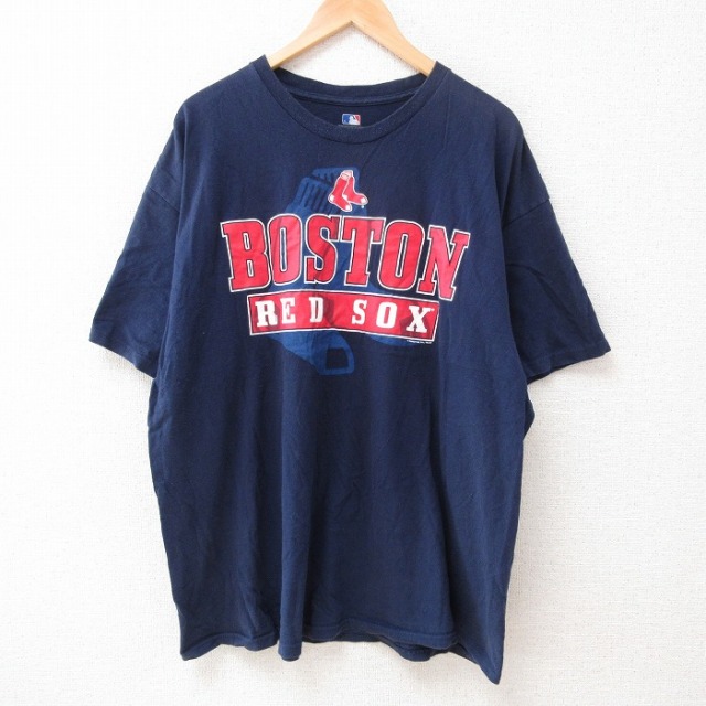 【50%OFF】XL★古着 半袖 Tシャツ メンズ MLB ボストンレッドソックス 大きいサイズ コットン クルーネック 紺 ネイビー メジャーリーグ ベースボール 野球 25jun12 中古