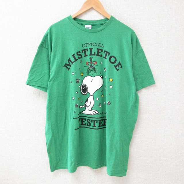XL★古着 半袖 Tシャツ メンズ ピーナッツ スヌーピー SNOOPY 大きいサイズ クルーネック 緑 グリーン 霜降り 【spe】 25jun12 中古