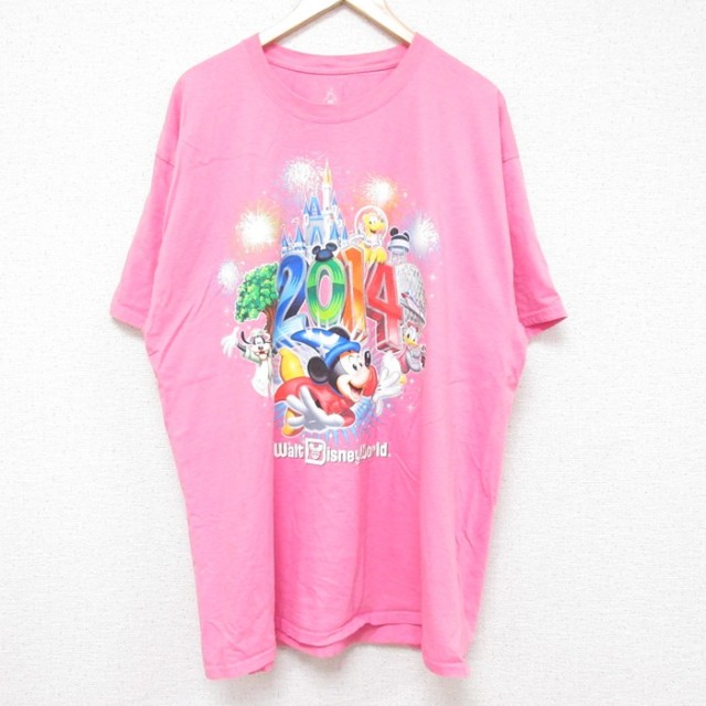 【50%OFF】XL★古着 ヘインズ Hanes 半袖 Tシャツ メンズ ディズニー DISNEY ミッキー MICKEY MOUSE 大きいサイズ コットン クルーネック ピンク 25jun13 中古