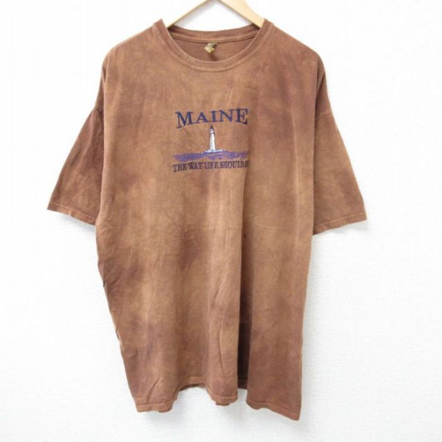 【50%OFF】XL★古着 半袖 Tシャツ メンズ 灯台 刺繍 大きいサイズ クルーネック こげ茶他 ブラウン タイダイ 25jun14 中古