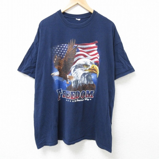 XL★古着 半袖 Tシャツ メンズ フリーダム 大きいサイズ クルーネック 紺 ネイビー 25jun16 中古